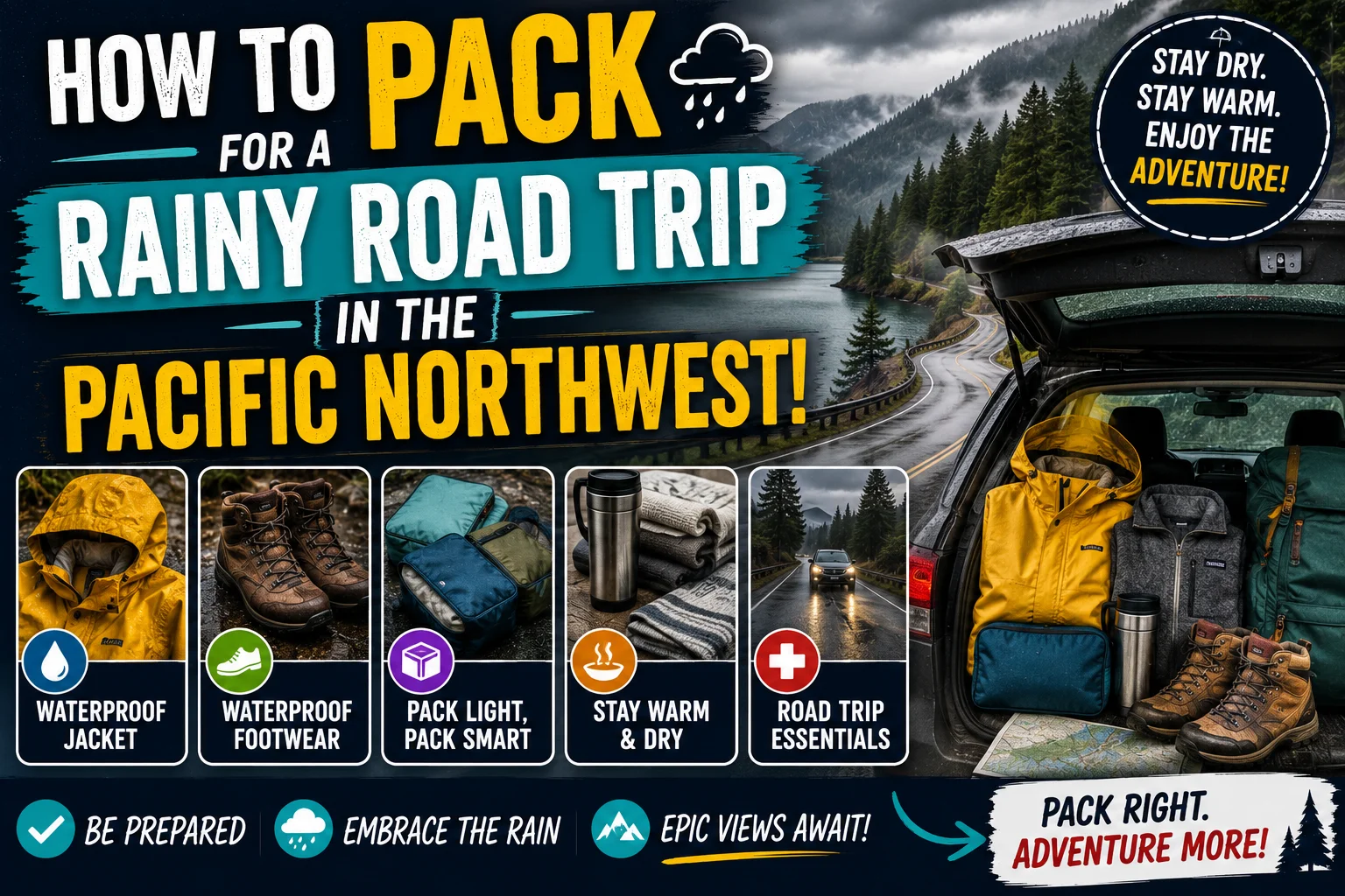 how to pack for a rainy road trip in pacific northwest