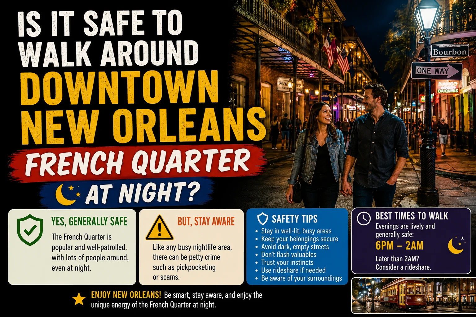 is it safe to walk around downtown new orleans french quarter at night